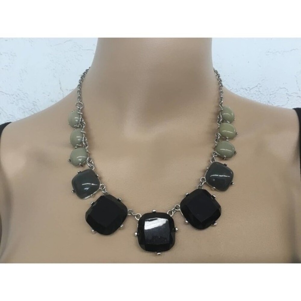 Silver Necklace Black Green Beads